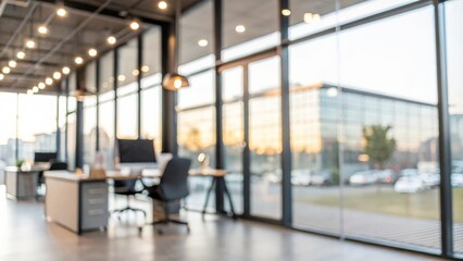Beautiful blurred background of a light modern office interior with panoramic windows and beautiful lighting.
