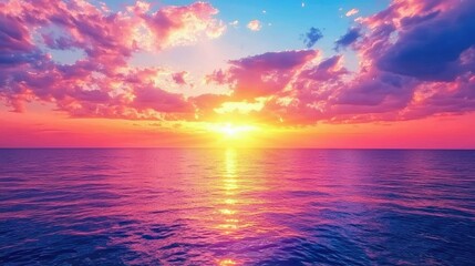 Majestic Sunset Over Tranquil Ocean Waters with Vibrant Colors Reflecting on the Surface and Dramatic Clouds in a Stunning Skyscape at Dusk