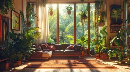 Sunlit living room with lush indoor plants and large windows overlooking a garden.