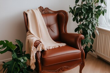 A soft leather armchair with a neutral throw blanket, set against a clean white wall