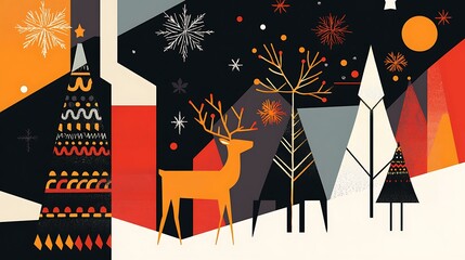 Stylish holiday card with abstract festive elements like reindeer, trees, and snowflakes in a vibrant, modern layout