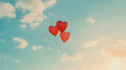 Fototapeta premium Heart-shaped balloons float in the sky, symbolizing love on Valentine's Day at sunset