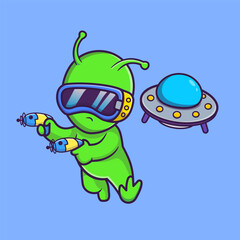 Cute Alien Playing VR Game WIth Space Gun And UFO 
Cartoon Vector Icon Illustration. Science Technology Icon 
Concept Isolated Premium Vector. Flat Cartoon Style 