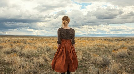 Young woman in a long dress stands in a vast open field, gazing at the dramatic sky with clouds, embodying freedom, nature, and exploration in a serene landscape.