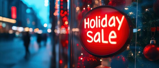 A festive holiday sale sign in a shop window, surrounded by seasonal decorations.