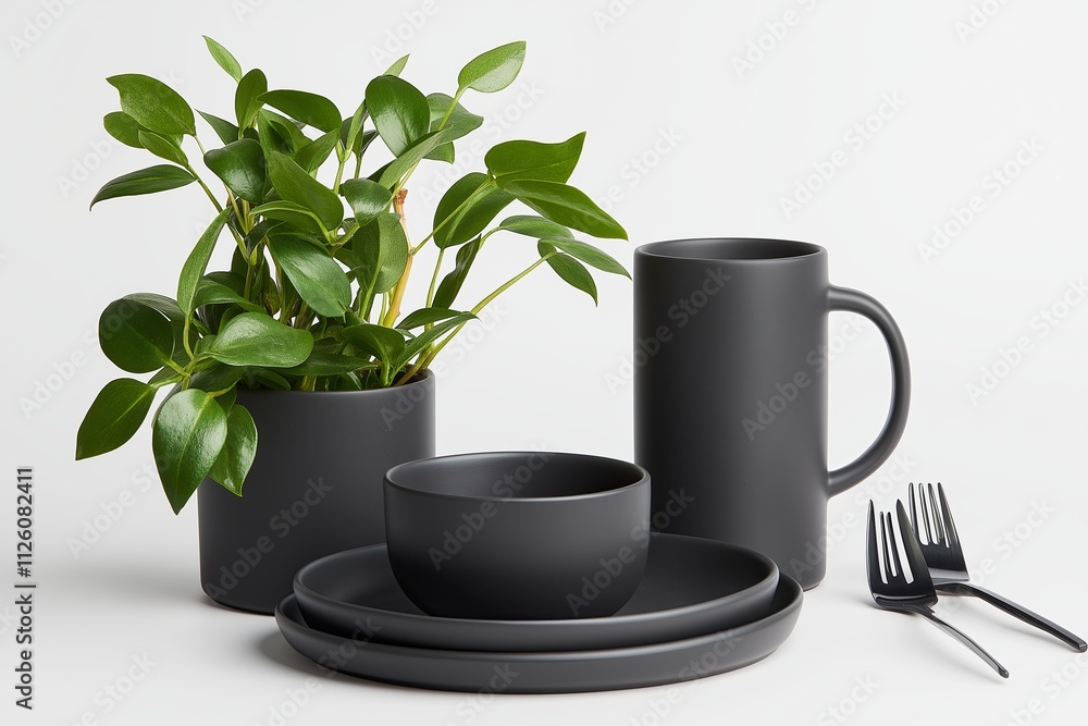 Poster a set of modern stoneware dishes in matte gray with simple, clean lines.