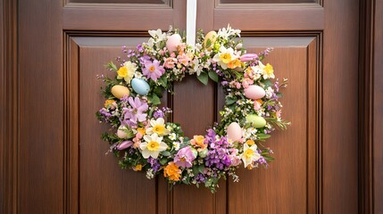 Fototapeta premium Festive Easter wreath adorned with spring flowers and colorful eggs hanging on a classic wooden door in bright sunlight