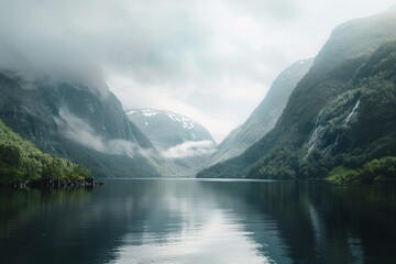 Fototapeta premium A tranquil fjord reveals calm waters, surrounded by misty peaks and verdant forests under a cloudy sky, creating a serene ambiance in nature's embrace.