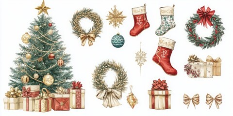 Christmas illustration featuring a decorated tree, wreaths, stockings, and gifts in warm, festive colors.