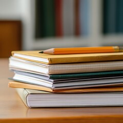 Writing Essentials A Stack of Notebooks and Pencil Wooden Table Home Office Still Life Warm Atmosphere Creative Workspace