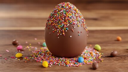 Obraz premium Chocolate Egg Covered with Colorful Sprinkles on Wooden Surface