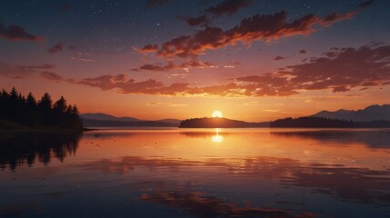 Obraz premium Tranquil Mountain Lake at Sunset with Golden Sky and Reflection V6