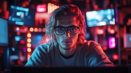 Fototapeta premium Software Developer Hacker Gamer Wearing Glasses Working on Laptop in Dark High Tech Environment