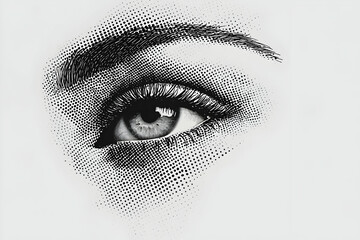 Halftone portrait of a woman dissolving into dots, black and white