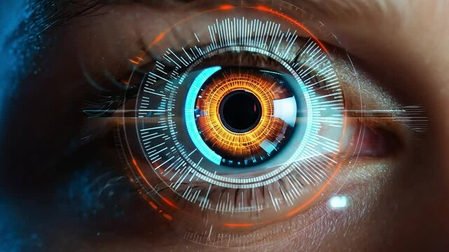 A captivating human eye mixed with a digital interface, displaying technological integration, big data, VR applications, and futuristic innovation in scanning and visualization