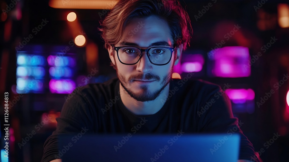 Poster software developer in dark high-tech workspace focused on laptop