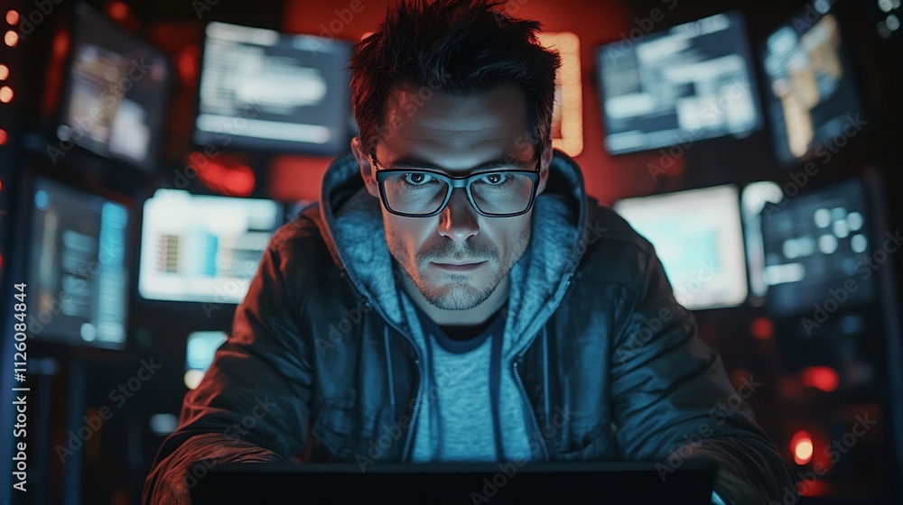 Poster software developer hacker gamer wearing glasses sitting at desk focused on laptop in dark high-tech 