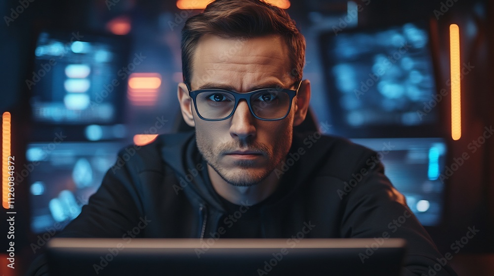 Poster portrait of focused software developer or hacker wearing glasses working on laptop in dark high-tech