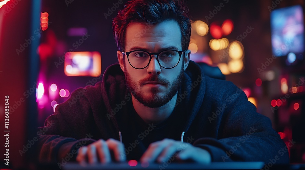 Poster focused software developer hacker gamer working diligently on laptop in dark neon-lit tech environme