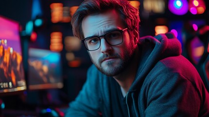 Fototapeta premium Portrait of Focused Software Developer Wearing Glasses Working on Laptop in Dark High-Tech Environment