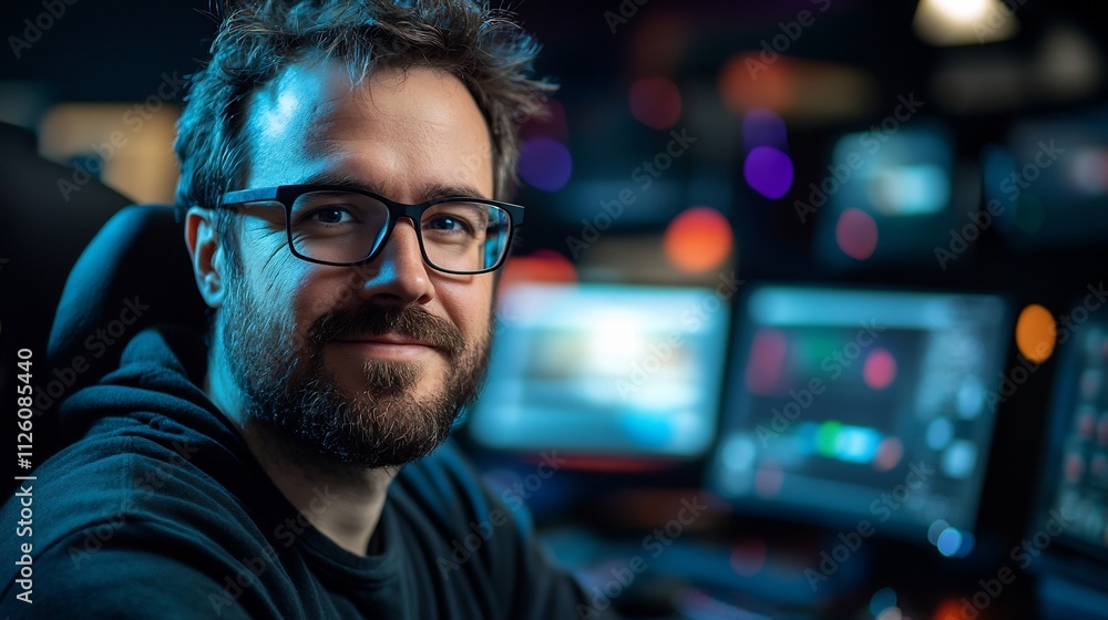 Poster focused software developer hacker gamer wearing glasses working intensely on laptop in dark high-tec