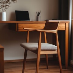 Minimalist Wooden Chair with Cushion Next to Desk Modern Home Office Interior Design Cozy Atmosphere Warm Lighting