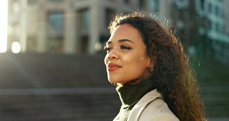 Happy, thinking and woman with smile, city and travel for story, inspiration and confident for...