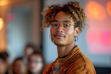 Nonbinary Individual Confidently Engaging Audience at Modern Conference Presentation