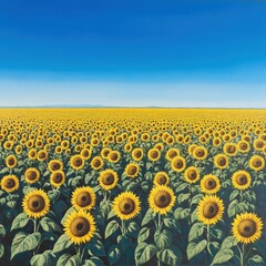 Fototapeta premium Vibrant Sunflower Field Under Clear Blue Sky Nature Scenic Landscape Endless Horizon Serene Environment