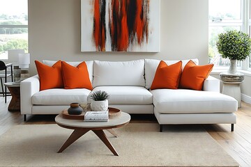 White sectional sofa with orange pillows in modern living room.