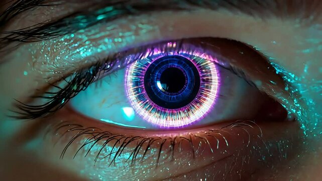 Close-up of a human eye integrated with futuristic digital elements, showcasing HUD data and technology advancements in AI, VR and big data, emphasizing vision and innovation