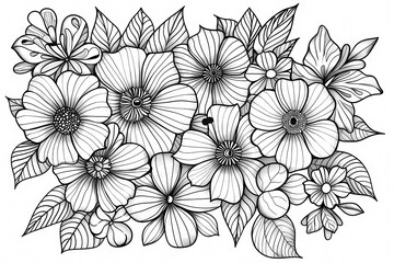 A detailed black and white illustration of various flowers and leaves, showcasing intricate patterns and designs perfect for coloring.