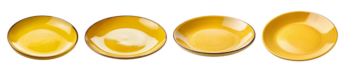 Four yellow ceramic plates, white isolated background.