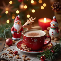 Obraz premium A warm background with Christmas trees and lights, a cup of hot chocolate with marshmallows in a red mug, snowman figures, Santa Claus figures, Christmas tree figures