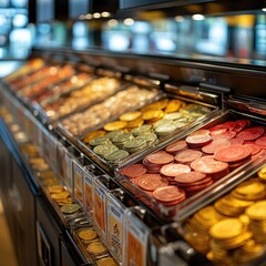 A vibrant display of assorted colorful coins and tokens in a retail setting.