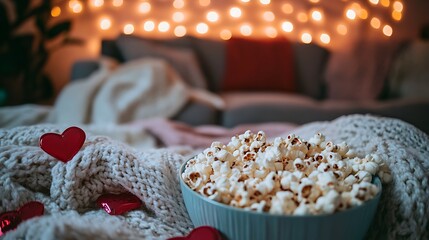 Cozy Valentine's Day movie night scene with popcorn, hearts, and soft blankets in front of a blurred sofa with fairy lights.