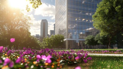 Fototapeta premium Vibrant Urban Oasis: Blooming Flowers and Skyscrapers