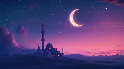 Fototapeta premium Crescent moon over a majestic mosque at night, bathed in soft purple light.