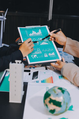 Carbon offset price report CO2 emission. Future growth Net zero waste in ESG ethical SME office protect climate change global warming social issues project. Group of asia people Eco friendly SDGs plan