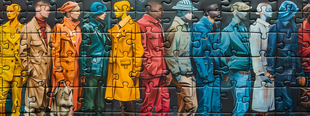 A vibrant display of diversity, showcasing male and female figures in stylish outerwear, radiating unity through color and fashion.