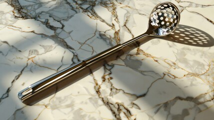 A stainless steel slotted spoon resting on a marble surface, showcasing its design and function.
