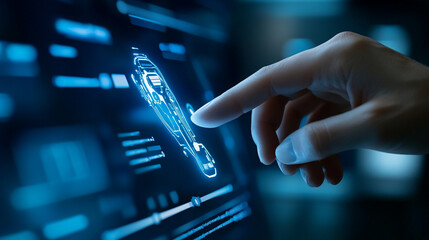 A hand interacting with a futuristic touchscreen display, showcasing digital innovation.
