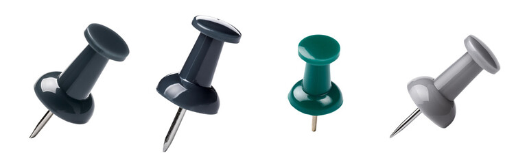 Collection of colorful push pins on a white isolated background.