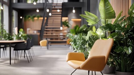 Fototapeta premium Cozy and Inviting: A Modern Office Oasis with Lush Greenery