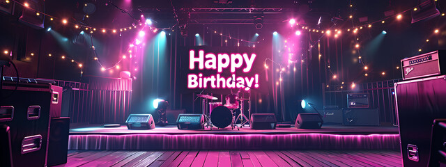 Vibrant stage setup with colorful lights and a 'Happy Birthday!' sign, perfect for a lively celebration atmosphere.