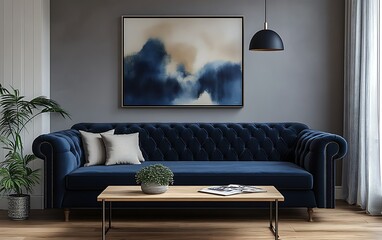 Blue velvet chesterfield sofa in modern living room.