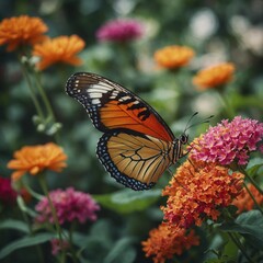 Obraz premium A close-up of a butterfly’s wings, with a blurred garden background filled with vibrant flowers.