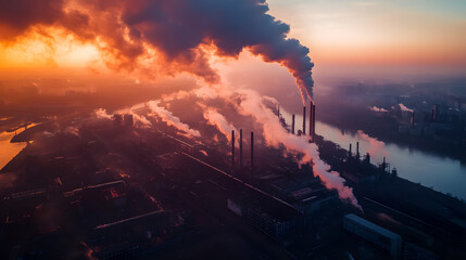 Fototapeta premium Aerial photography capturing a metallurgical plant at dawn, showcasing smoke and smog emissions.