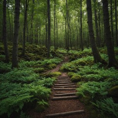 Obraz premium A pristine forest with a path leading to a stream.