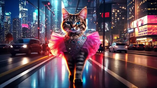 This whimsical image features a charming cat in a pink tutu. The backdrop is a lively city, creating an enchanting atmosphere. Perfect for branding or entertaining content. Generative AI